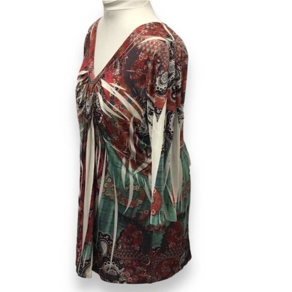 One World Women’s 3/4 Sleeve V Neck Sequin Tunic Top, Rust Floral, size 2X - Picture 3 of 8